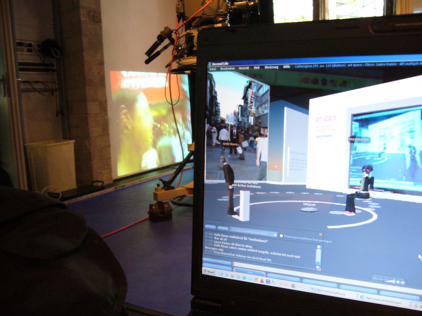 The studio environment with the Second Life projection and the mix