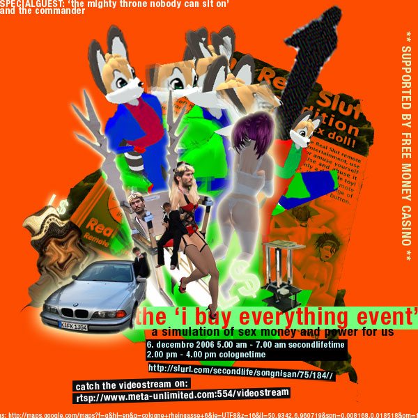 The event poster — Lance Kanno the RGB raccoon, 'the i buy everything event, a simulation of sex money and power', 6 December 2006