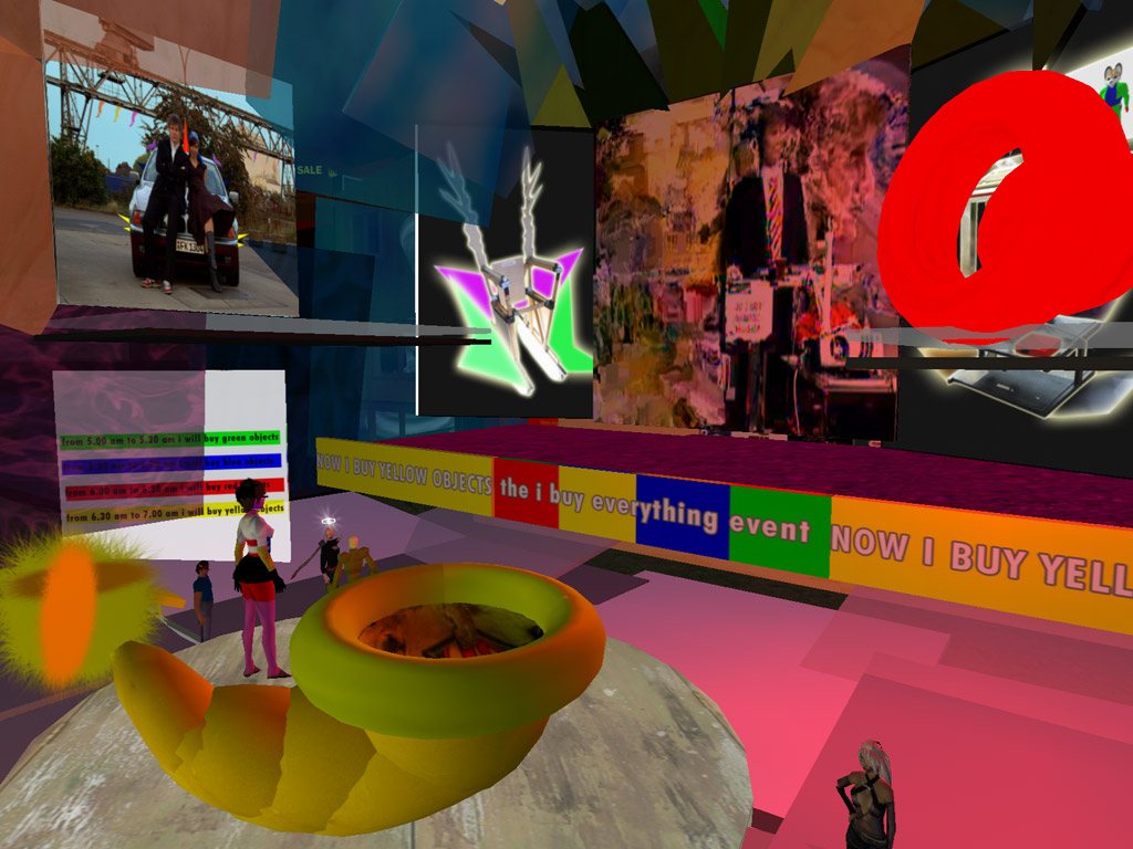 The Second Life projection sent into the room — 'now i buy yellow'