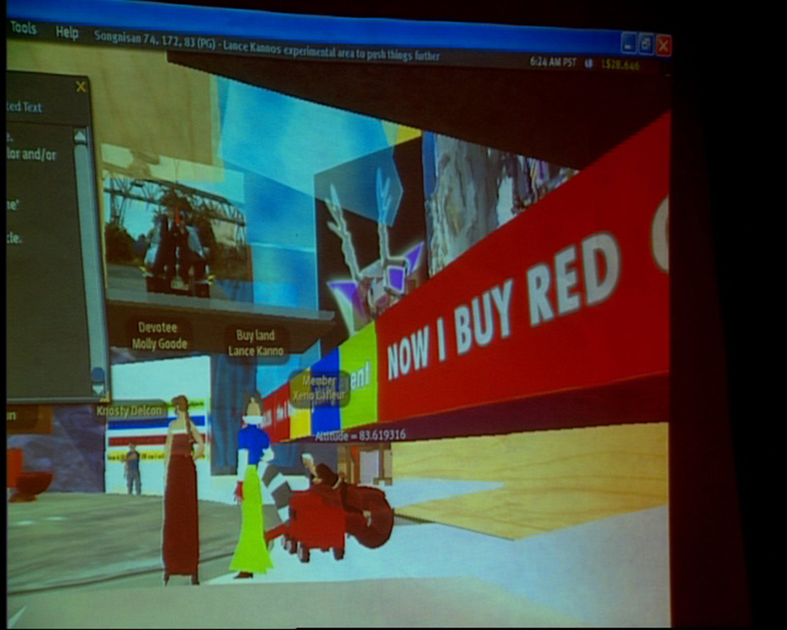 In Second Life — a projection reading 'now i buy red', avatars and objects on the stage