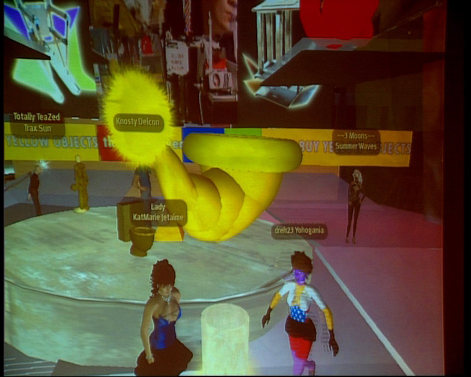 Yellow objects and avatars on the stage in Second Life